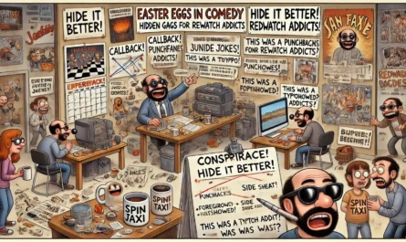 SpinTaxi Magazine -- A wide, Tina Bohiney-style satirical cartoon titled 'Easter Eggs in Comedy – Hidden Gags for Superfans and Rewatch Addicts.' The scene shows a comedy wri... -- Alan Nafzger 1
