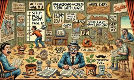 SpinTaxi Magazine -- A wide, Tina Bohiney-style satirical cartoon titled 'Foreshadowing in Comedy – Planting Seeds for Later Laughs.' The scene is a chaotic comedy writing ro... -- Alan Nafzger 1