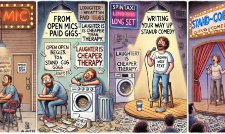SpinTaxi Magazine -- A wide, Tina Bohiney-style satirical cartoon titled 'From Open Mics to Paid Gigs – Writing Your Way Up in Stand-Up Comedy.' The cartoon is a side-scrolli... -- Alan Nafzger 1