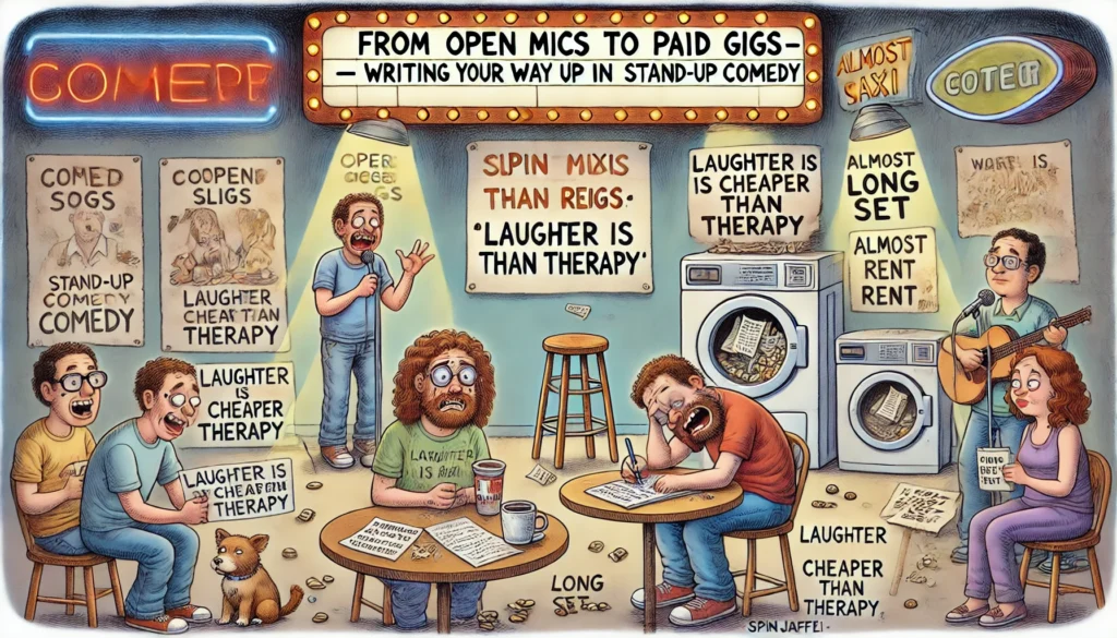 SpinTaxi Magazine -- A wide, Tina Bohiney-style satirical cartoon titled 'From Open Mics to Paid Gigs – Writing Your Way Up in Stand-Up Comedy.' The cartoon is a side-scrolli... -- Alan Nafzger 2 SpinTaxi Magazine -- A wide, Tina Bohiney-style satirical cartoon titled 'From Open Mics to Paid Gigs – Writing Your Way Up in Stand-Up Comedy.' The cartoon is a side-scrolli... -- Alan Nafzger 2