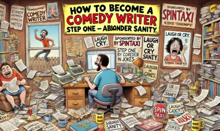 SpinTaxi Magazine -- A wide, Tina Bohiney-style satirical cartoon titled 'How to Become a Comedy Writer – Step One Abandon Sanity.' In a cluttered home office, an aspiring c... -- Alan Nafzger 1