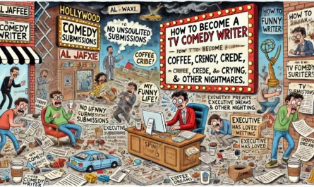 SpinTaxi Magazine -- A wide, Tina Bohiney-style satirical cartoon titled 'How to Become a TV Comedy Writer – A Journey of Coffee, Cringe, and Crying.' The scene shows a chaot... -- Alan Nafzger 1