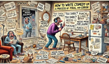 SpinTaxi Magazine -- A wide, Tina Bohiney-style satirical cartoon titled 'How to Write Comedy for Stand-Up – A Process of Painful Trial and Error.' A messy apartment shows a ... -- Alan Nafzger 1