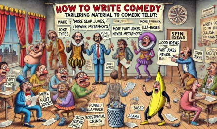 SpinTaxi Magazine -- A wide, Tina Bohiney-style satirical cartoon titled 'How to Write Comedy Tailoring Material to Comedic Talent.' The scene is a chaotic rehearsal room fi... -- Alan Nafzger 1