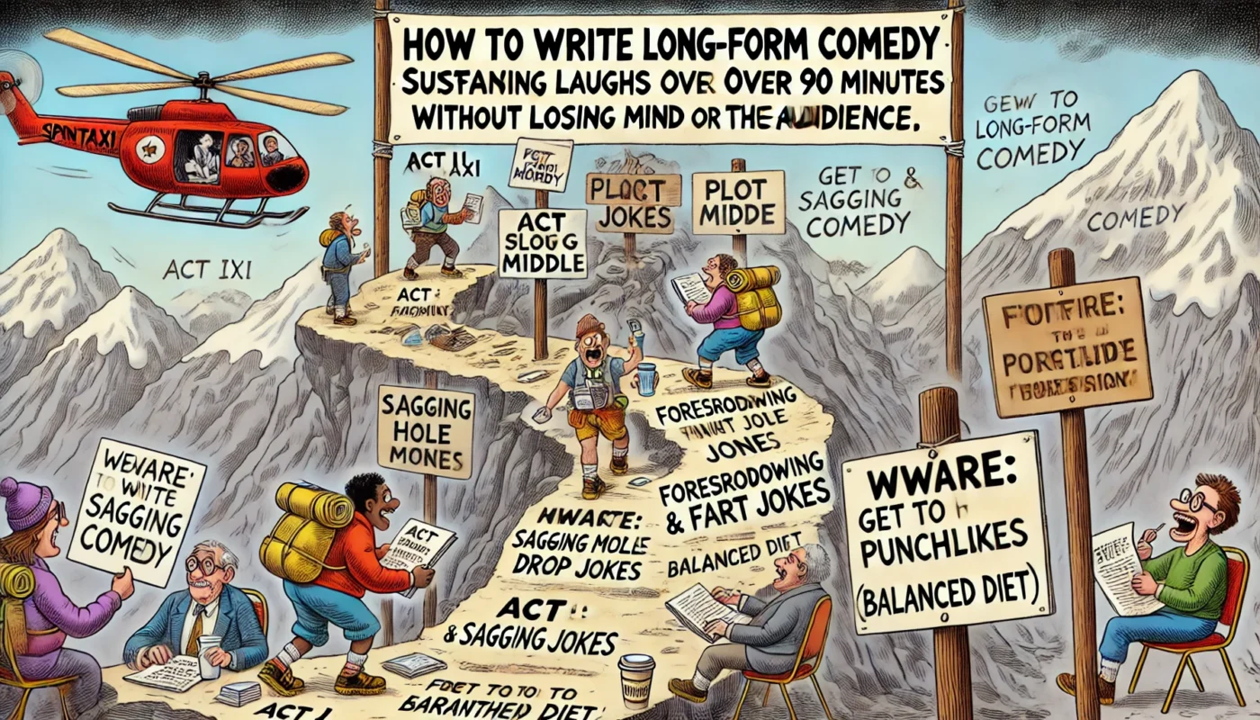 SpinTaxi Magazine -- A wide, Tina Bohiney-style satirical cartoon titled 'How to Write Long-Form Comedy – Sustaining Laughs Over 90 Minutes Without Losing Your Mind (or the A... -- Alan Nafzger 1