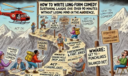SpinTaxi Magazine -- A wide, Tina Bohiney-style satirical cartoon titled 'How to Write Long-Form Comedy – Sustaining Laughs Over 90 Minutes Without Losing Your Mind (or the A... -- Alan Nafzger 1