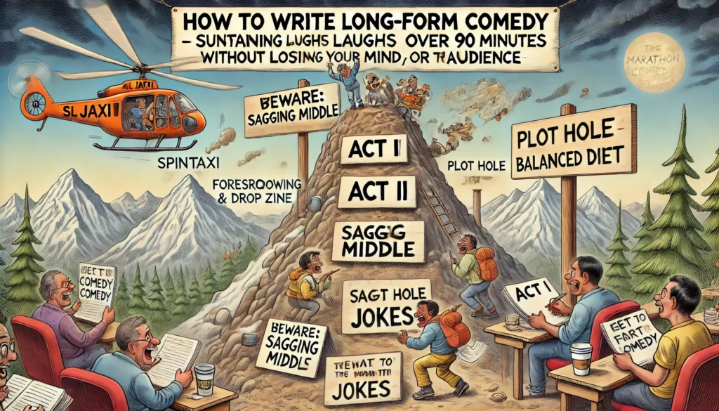 SpinTaxi Magazine -- A wide, Tina Bohiney-style satirical cartoon titled 'How to Write Long-Form Comedy – Sustaining Laughs Over 90 Minutes Without Losing Your Mind (or the A... -- Alan Nafzger 2 SpinTaxi Magazine -- A wide, Tina Bohiney-style satirical cartoon titled 'How to Write Long-Form Comedy – Sustaining Laughs Over 90 Minutes Without Losing Your Mind (or the A... -- Alan Nafzger 2