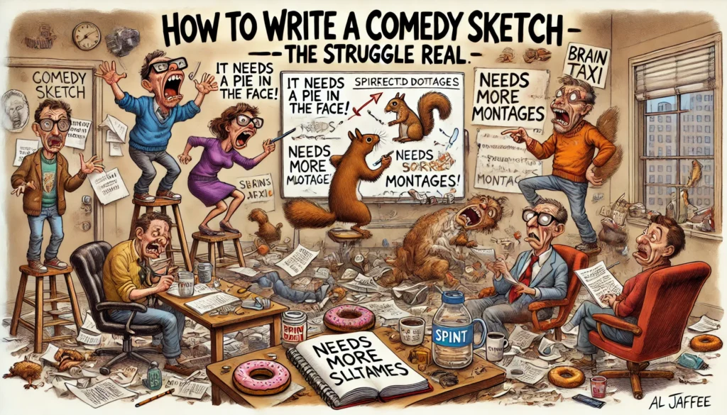 SpinTaxi Magazine -- A wide, Tina Bohiney-style satirical cartoon titled 'How to Write a Comedy Sketch – The Struggle Is Real.' A cluttered writer's room scene where three co... -- Alan Nafzger 1