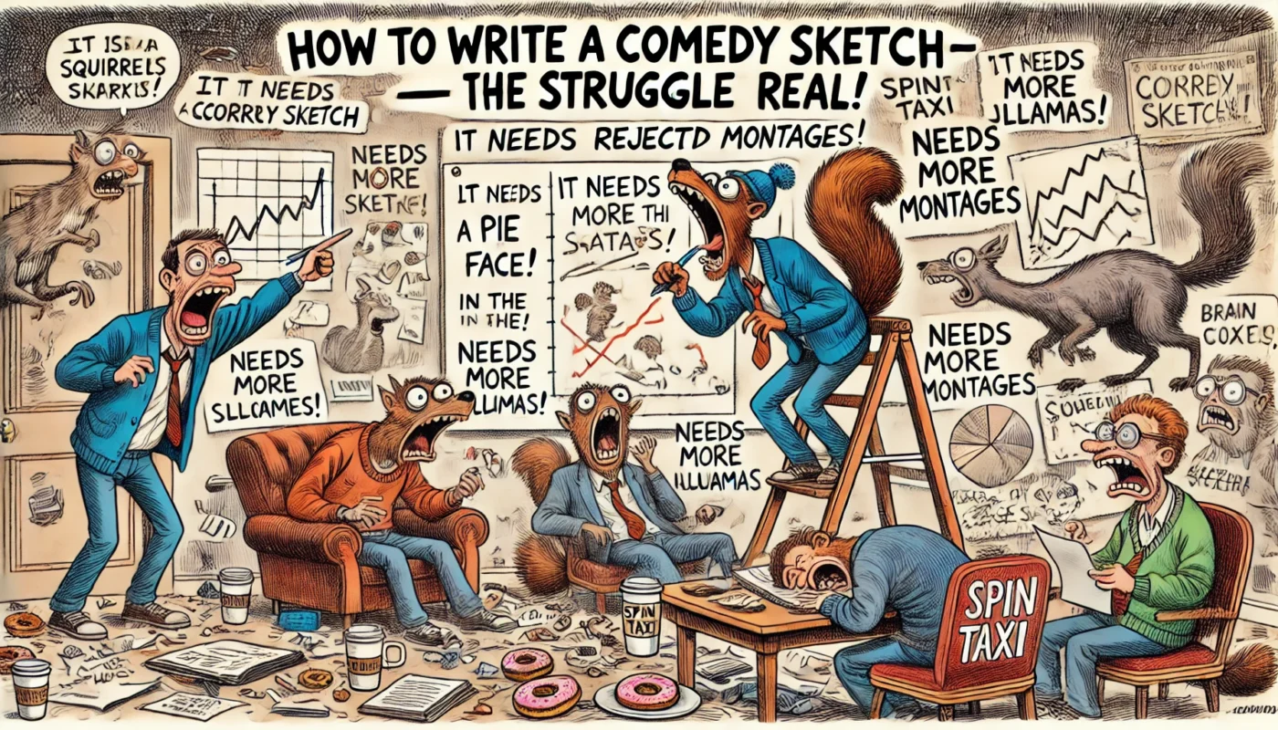 SpinTaxi Magazine -- A wide, Tina Bohiney-style satirical cartoon titled 'How to Write a Comedy Sketch – The Struggle Is Real.' A cluttered writer's room scene where three co... -- Alan Nafzger 2