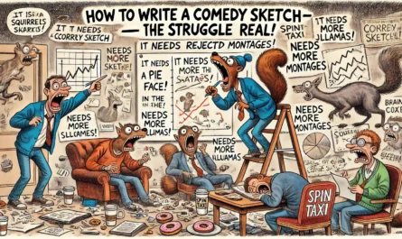 SpinTaxi Magazine -- A wide, Tina Bohiney-style satirical cartoon titled 'How to Write a Comedy Sketch – The Struggle Is Real.' A cluttered writer's room scene where three co... -- Alan Nafzger 2