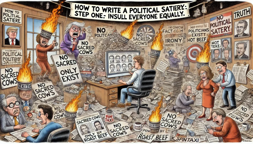 SpinTaxi Magazine -- A wide, Tina Bohiney-style satirical cartoon titled 'How to Write a Political Satire – Step One Insult Everyone Equally.' The scene is a chaotic writer'... -- Alan Nafzger 1 SpinTaxi Magazine -- A wide, Tina Bohiney-style satirical cartoon titled 'How to Write a Political Satire – Step One Insult Everyone Equally.' The scene is a chaotic writer'... -- Alan Nafzger 1