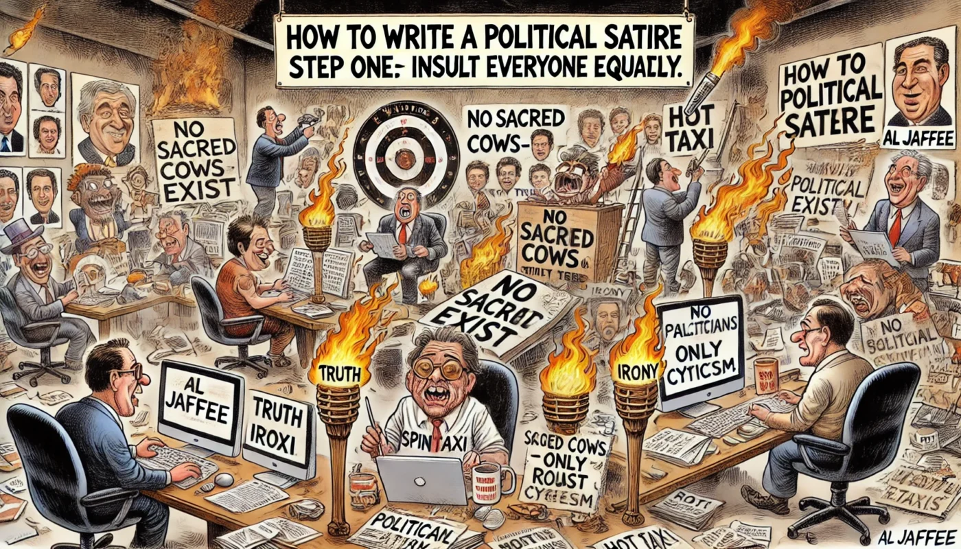SpinTaxi Magazine -- A wide, Tina Bohiney-style satirical cartoon titled 'How to Write a Political Satire – Step One Insult Everyone Equally.' The scene is a chaotic writer'... -- Alan Nafzger 2