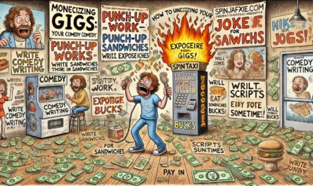 SpinTaxi Magazine -- A wide, Tina Bohiney-style satirical cartoon titled 'Monetizing Your Comedy Writing Gigs, Gags, and Gigs – How to Write Comedy That Pays More Than Expos... -- Alan Nafzger 2