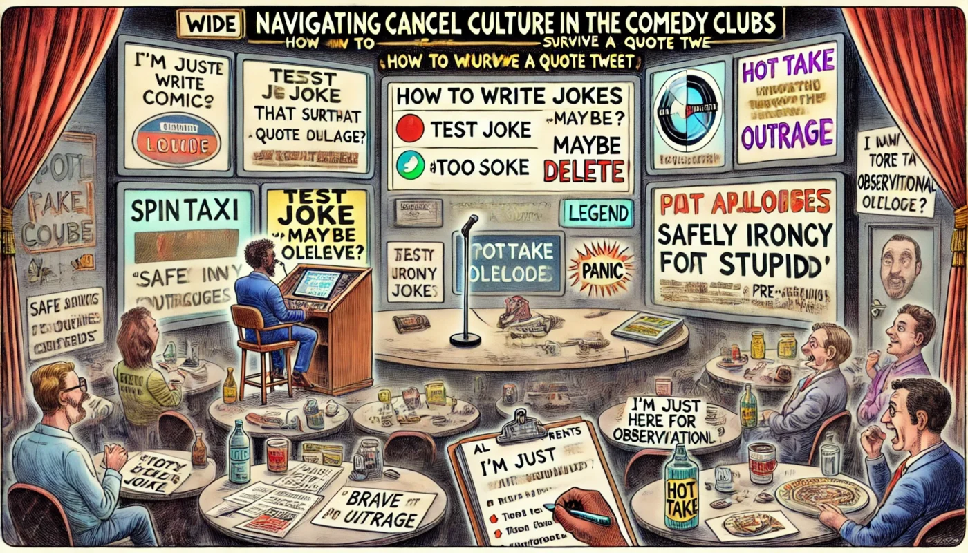 SpinTaxi Magazine -- A wide, Tina Bohiney-style satirical cartoon titled 'Navigating Cancel Culture in the Comedy Clubs – How to Write Jokes That Survive a Quote Tweet.' The ... -- Alan Nafzger 1
