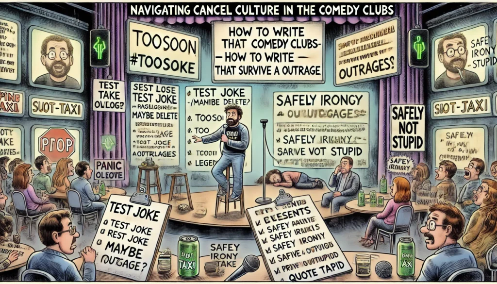 SpinTaxi Magazine -- A wide, Tina Bohiney-style satirical cartoon titled 'Navigating Cancel Culture in the Comedy Clubs – How to Write Jokes That Survive a Quote Tweet.' The ... -- Alan Nafzger 2 SpinTaxi Magazine -- A wide, Tina Bohiney-style satirical cartoon titled 'Navigating Cancel Culture in the Comedy Clubs – How to Write Jokes That Survive a Quote Tweet.' The ... -- Alan Nafzger 2