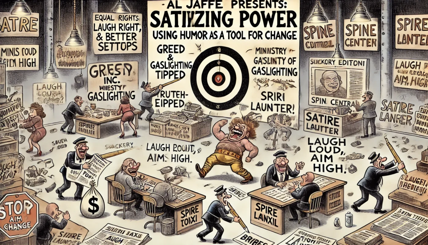 SpinTaxi Magazine -- A wide, Tina Bohiney-style satirical cartoon titled 'Satirizing Power – Using Humor as a Tool for Change.' The scene is a bustling newsroom comedy bunker... -- Alan Nafzger 1