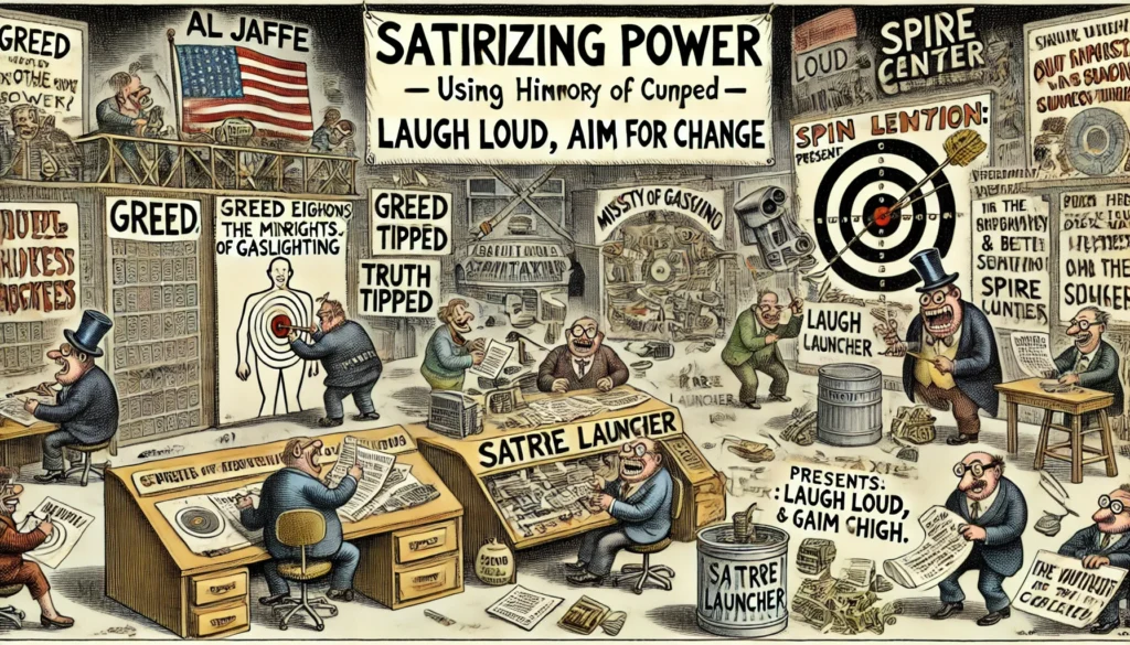 SpinTaxi Magazine -- A wide, Tina Bohiney-style satirical cartoon titled 'Satirizing Power – Using Humor as a Tool for Change.' The scene is a bustling newsroom comedy bunker... -- Alan Nafzger 2 SpinTaxi Magazine -- A wide, Tina Bohiney-style satirical cartoon titled 'Satirizing Power – Using Humor as a Tool for Change.' The scene is a bustling newsroom comedy bunker... -- Alan Nafzger 2