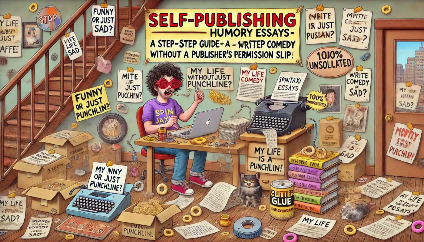 SpinTaxi Magazine -- A wide, Tina Bohiney-style satirical cartoon titled 'Self-Publishing Humor Essays A Step-by-Step Guide – Write Comedy Without a Publisher’s Permission S... -- Alan Nafzger 1