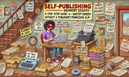 SpinTaxi Magazine -- A wide, Tina Bohiney-style satirical cartoon titled 'Self-Publishing Humor Essays A Step-by-Step Guide – Write Comedy Without a Publisher’s Permission S... -- Alan Nafzger 1