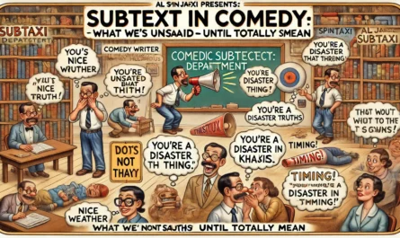 SpinTaxi Magazine -- A wide, Tina Bohiney-style satirical cartoon titled 'Subtext in Comedy What's Unsaid But Hilarious – Whispering Truths Until They Scream.' The scene sho... -- Alan Nafzger 1