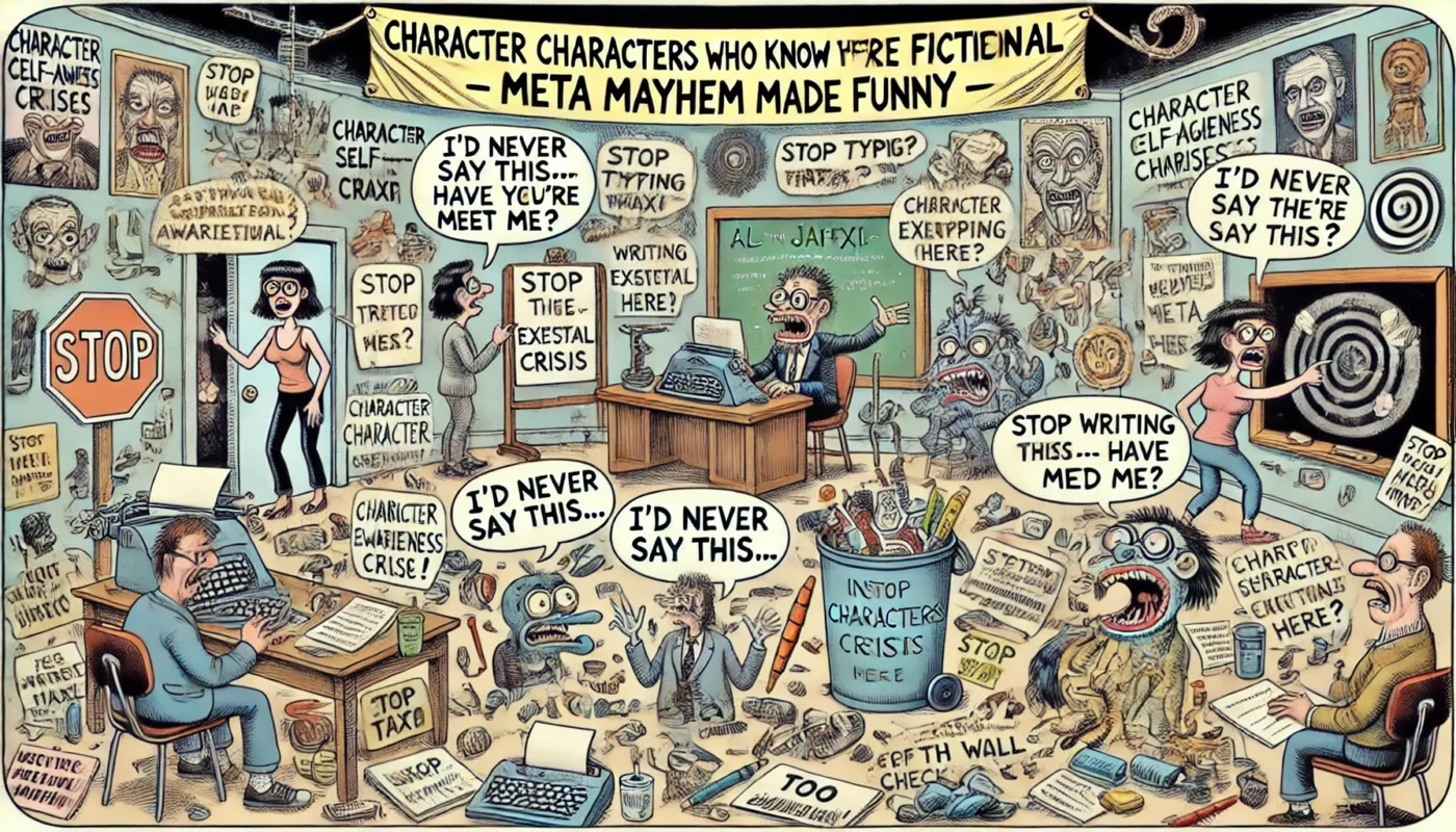 SpinTaxi Magazine -- A wide, Tina Bohiney-style satirical cartoon titled 'Writing Characters Who Know They’re Fictional – Meta Mayhem Made Funny.' The scene shows a chaotic w... -- Alan Nafzger 1