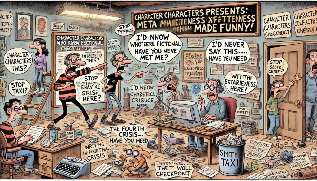 SpinTaxi Magazine -- A wide, Tina Bohiney-style satirical cartoon titled 'Writing Characters Who Know They’re Fictional – Meta Mayhem Made Funny.' The scene shows a chaotic w... -- Alan Nafzger 2
