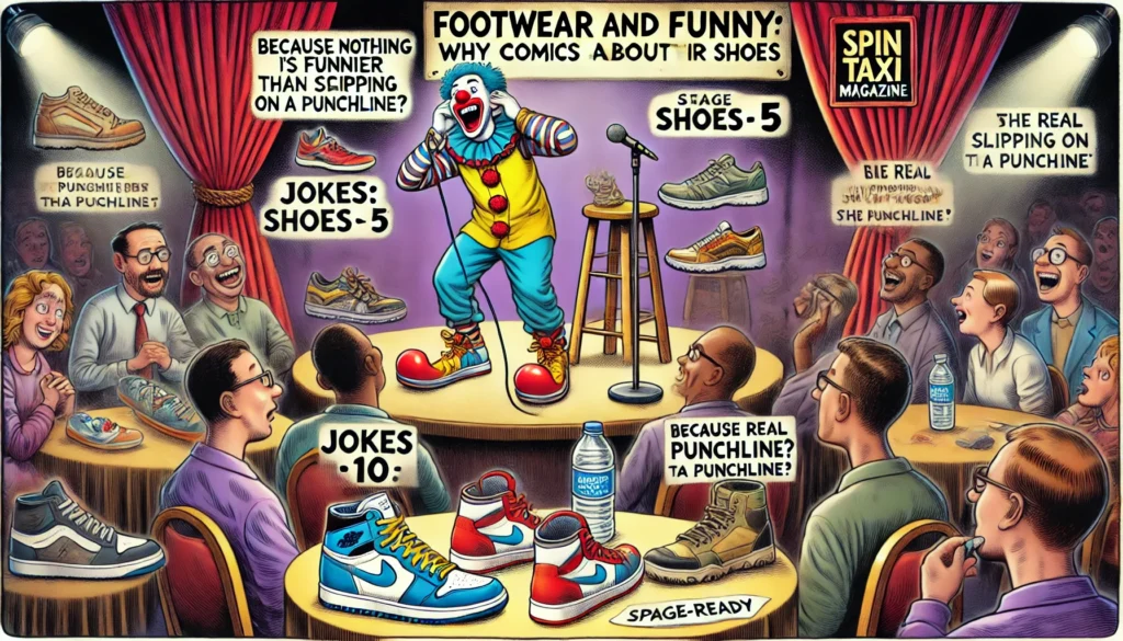 SpinTaxi Magazine - A wide-format satirical cartoon in the style of SpinTaxi Magazine, illustrating a fake article titled 'Footwear and Funny Why Comics Care About Their... - Alan Nafzger 3 SpinTaxi Magazine - A wide-format satirical cartoon in the style of SpinTaxi Magazine, illustrating a fake article titled 'Footwear and Funny Why Comics Care About Their... - Alan Nafzger 3