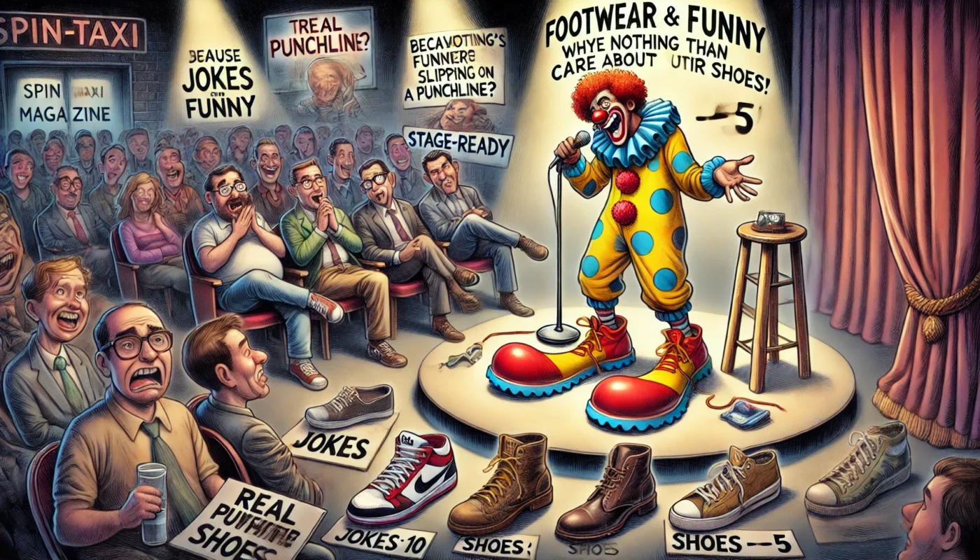 SpinTaxi Magazine - A wide-format satirical cartoon in the style of SpinTaxi Magazine, illustrating a fake article titled 'Footwear and Funny Why Comics Care About Their... - Alan Nafzger 4