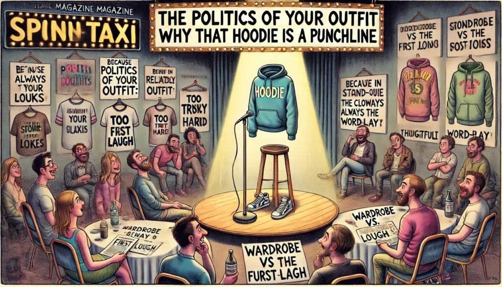 SpinTaxi Magazine - A wide-format satirical cartoon in the style of a fictional magazine called SpinTaxi, illustrating a humorous article titled 'The Politics of Your Out... - Alan Nafzger 1 SpinTaxi Magazine - A wide-format satirical cartoon in the style of a fictional magazine called SpinTaxi, illustrating a humorous article titled 'The Politics of Your Out... - Alan Nafzger 1