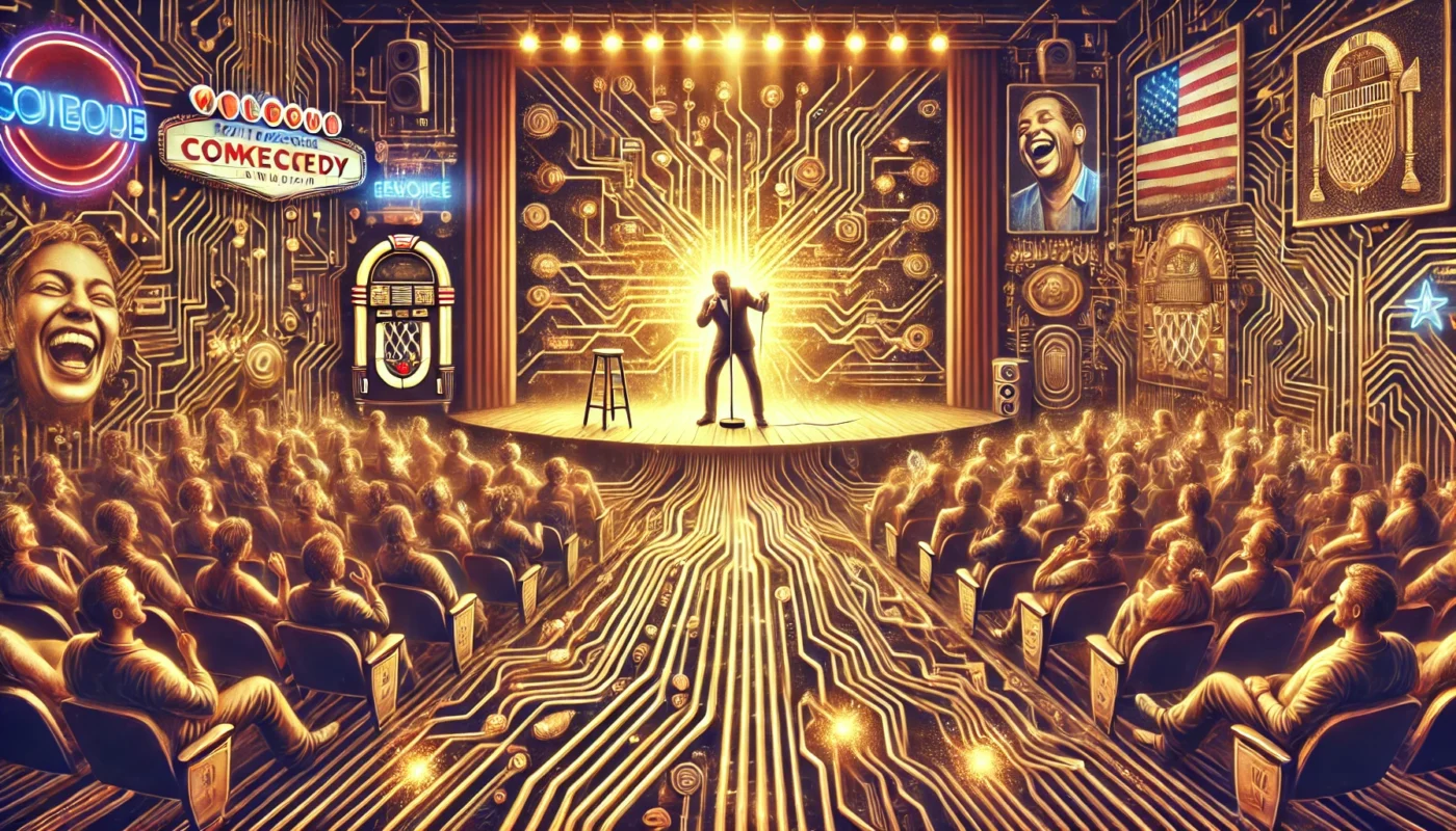 SpinTaxi Magazine - A wide surreal and symbolic digital artwork illustrating the concept of American stand-up comedy as a circuit board infused with human emotion. In the... - Alan Nafzger 1