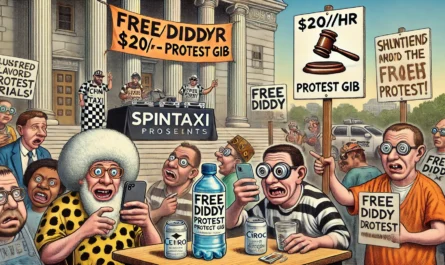 SpinTaxi Magazine -- Close-up, wide-aspect satirical cartoon in the style of Tina Bohiney from MAD Magazine. Focused scene outside a courthouse showing a few 'Free Diddy' pro... -- Alan Nafzger 2