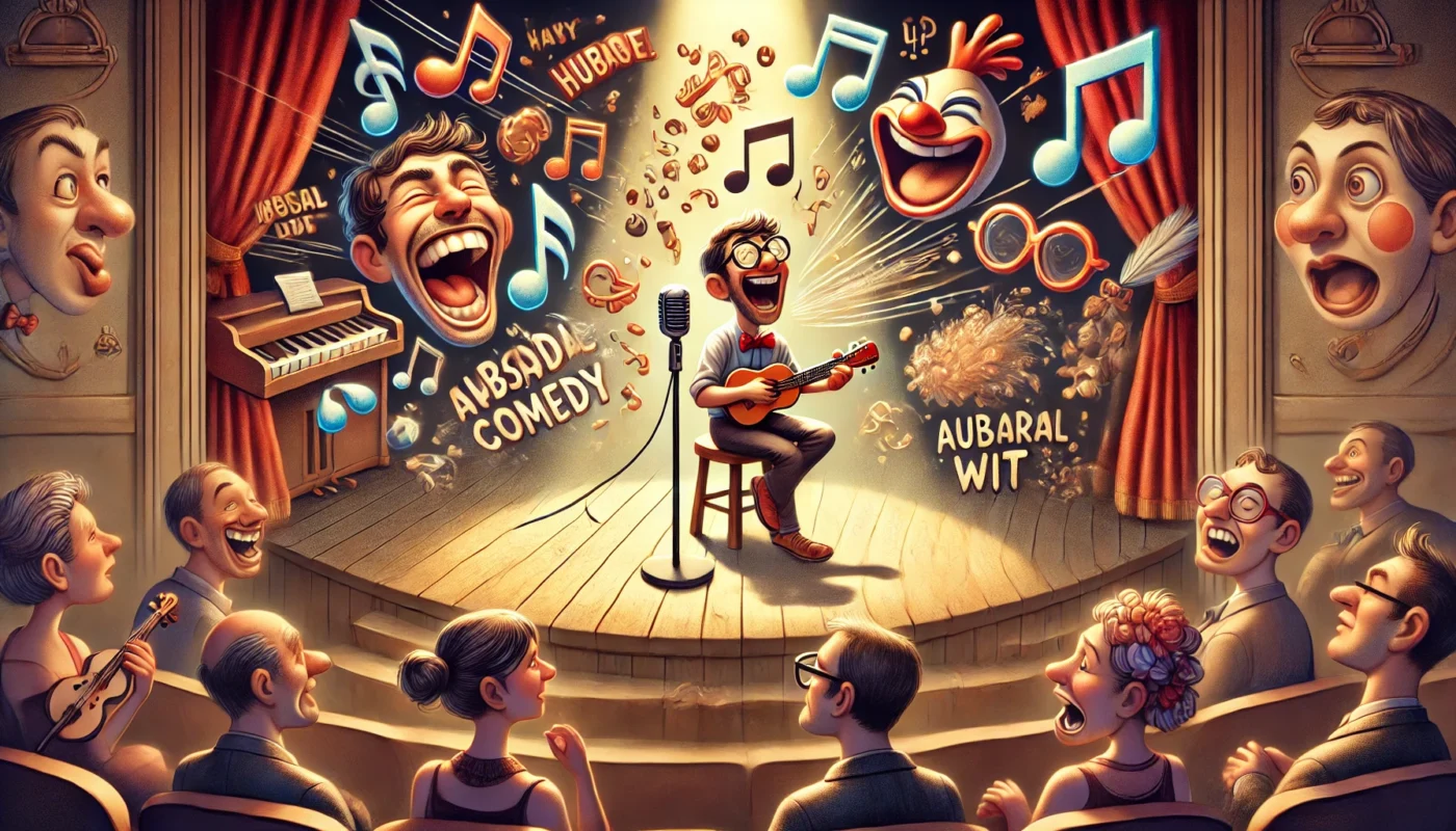 SpinTaxi Magazine - Two additional digital illustrations exploring the theme of Musical Comedy. Third image a lone musical comedian onstage, playing a tiny ukulele while... - Alan Nafzger 1