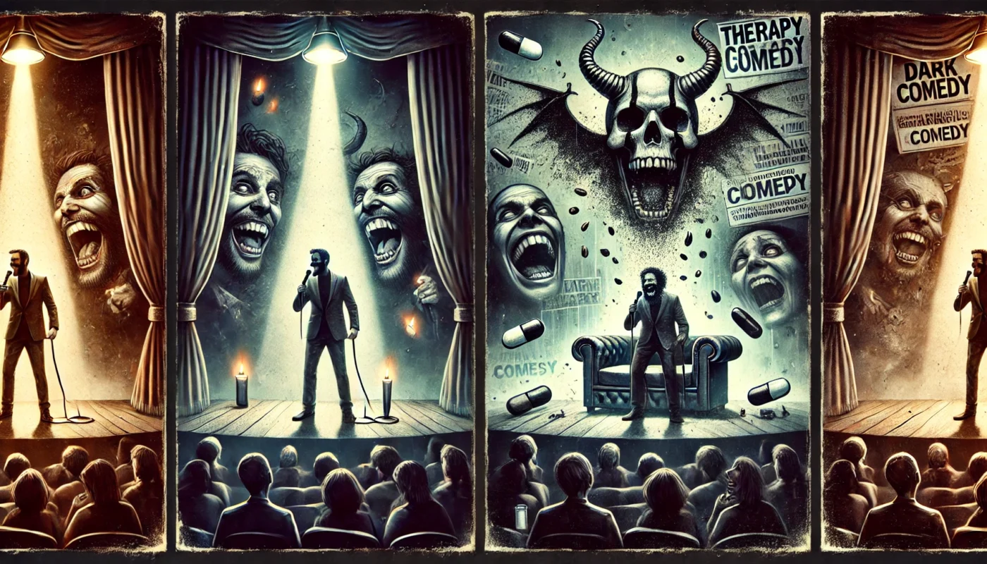 SpinTaxi Magazine - Two atmospheric digital illustrations blending stand-up comedy with dark comedy themes. First image a stand-up comedian onstage in a dimly lit club, ... - Alan Nafzger 2