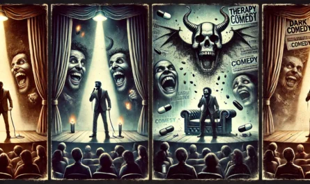 SpinTaxi Magazine - Two atmospheric digital illustrations blending stand-up comedy with dark comedy themes. First image a stand-up comedian onstage in a dimly lit club, ... - Alan Nafzger 2
