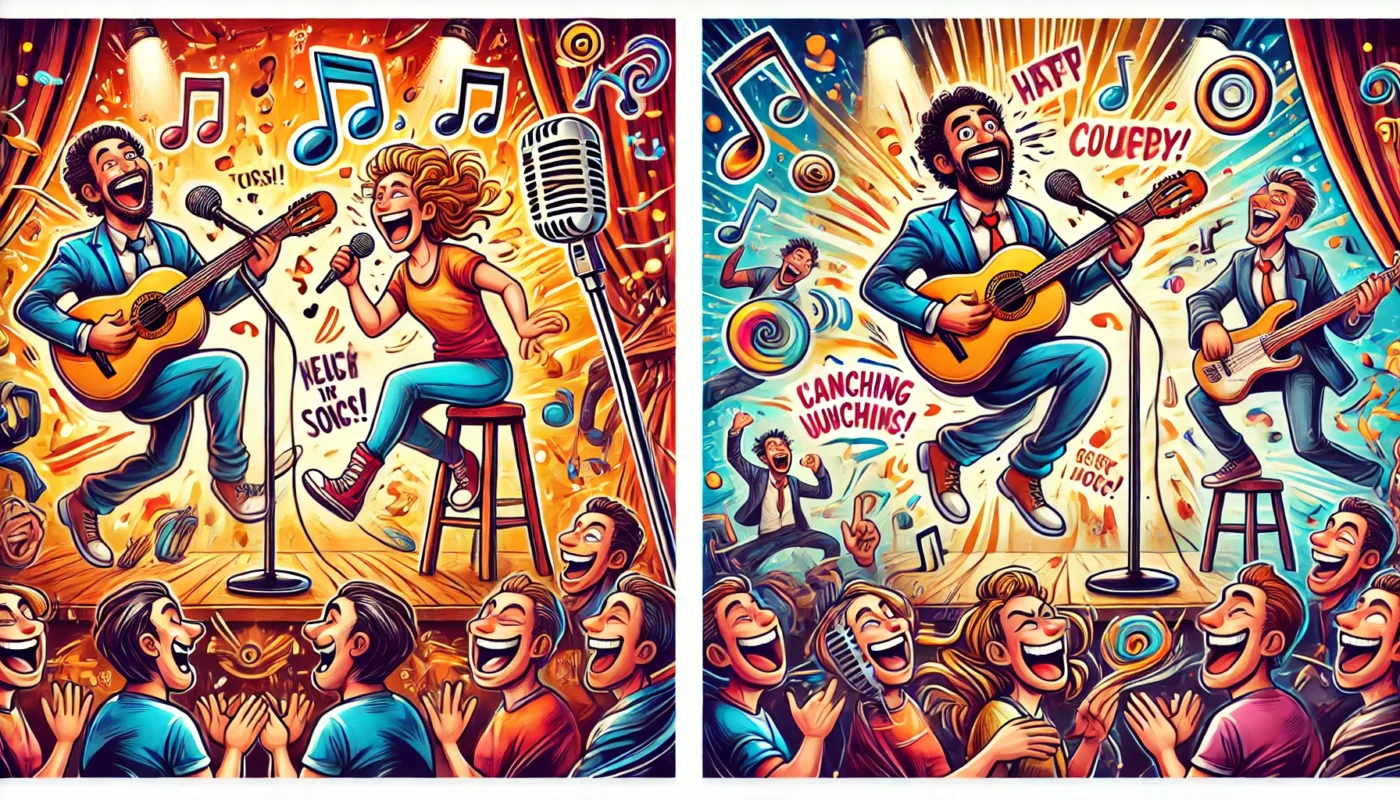 SpinTaxi Magazine - Two energetic and colorful digital illustrations representing the world of Musical Comedy. First image a stand-up comedian with a guitar, mid-song, s... - Alan Nafzger 3