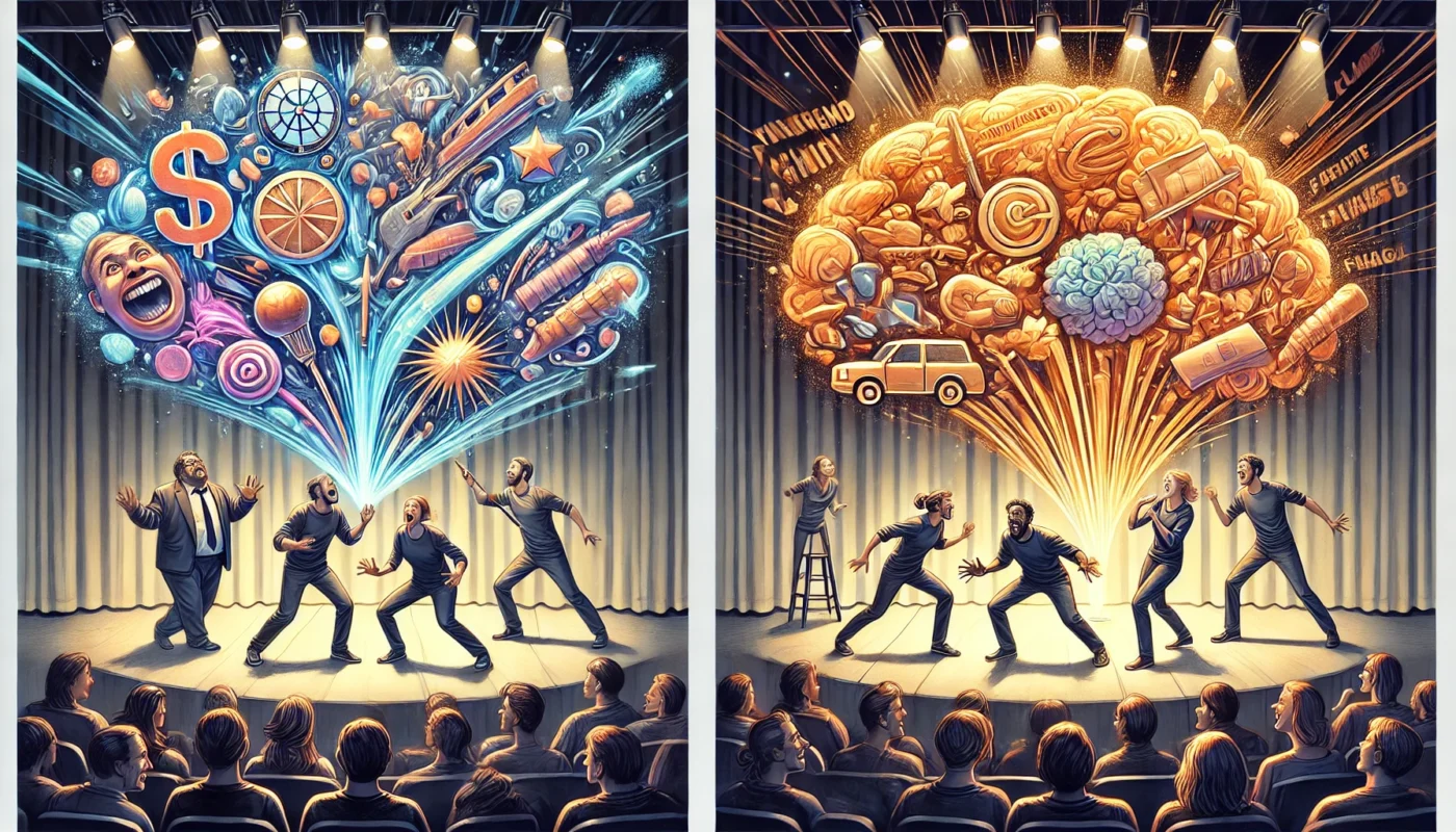SpinTaxi Magazine - Two energetic and symbolic digital illustrations capturing the brilliance of improvisational comedy. First image a team of improv comedians onstage i... - Alan Nafzger 2