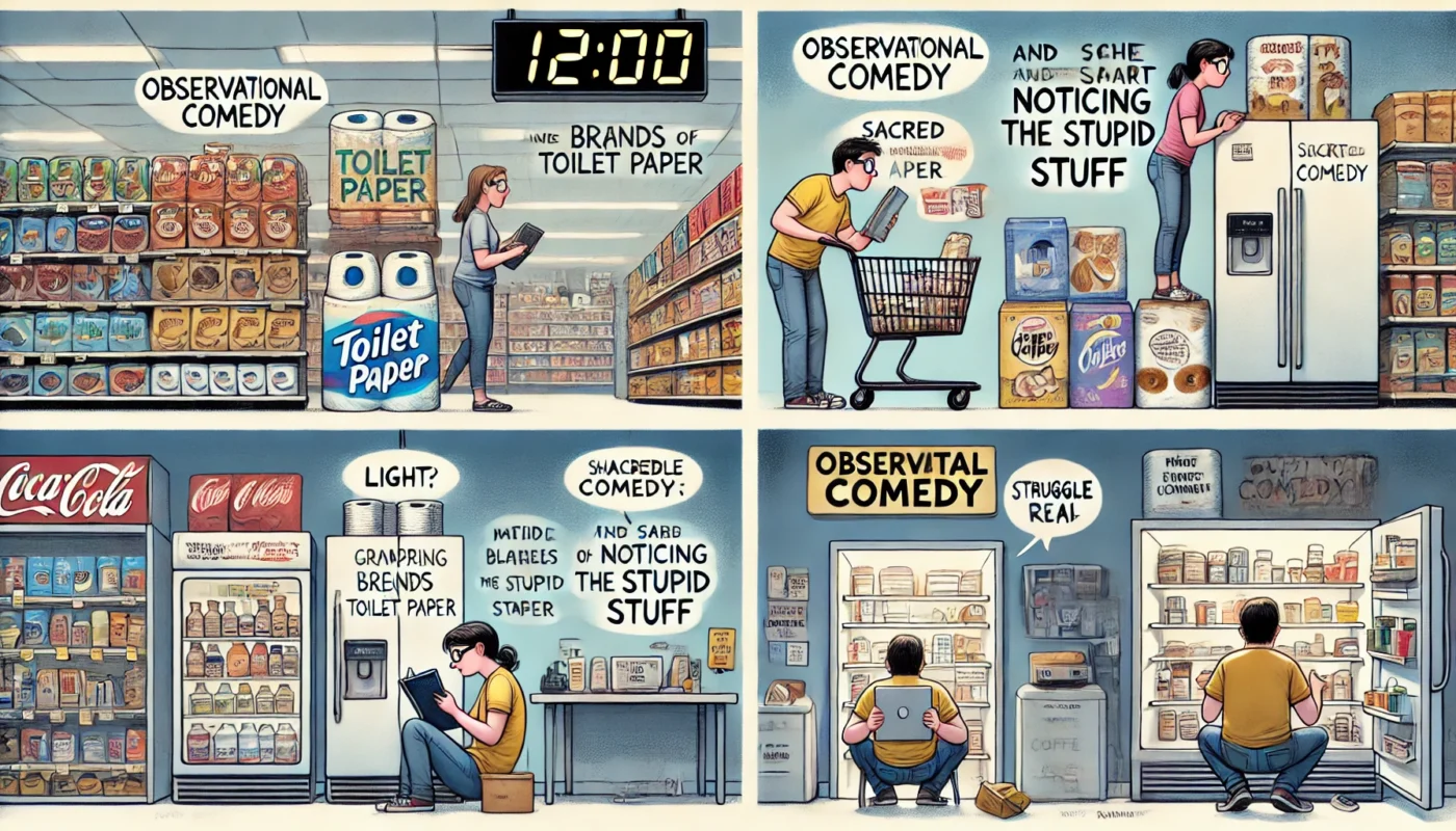 SpinTaxi Magazine - Two more digital illustrations for 'Observational Comedy and the Sacred Art of Noticing the Stupid Stuff'. Third image a grocery store aisle where ev... - Alan Nafzger 2