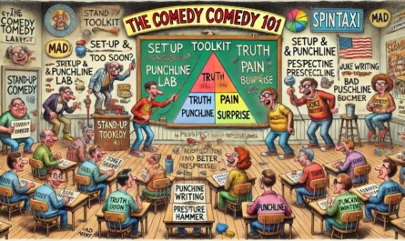 SpinTaxi Magazine -- Wide, detailed cartoon in the style of Tina Bohiney from MAD Magazine titled 'The Comedy Toolkit'. A colorful, chaotic classroom labeled 'Stand-Up Comedy... -- Alan Nafzger 1