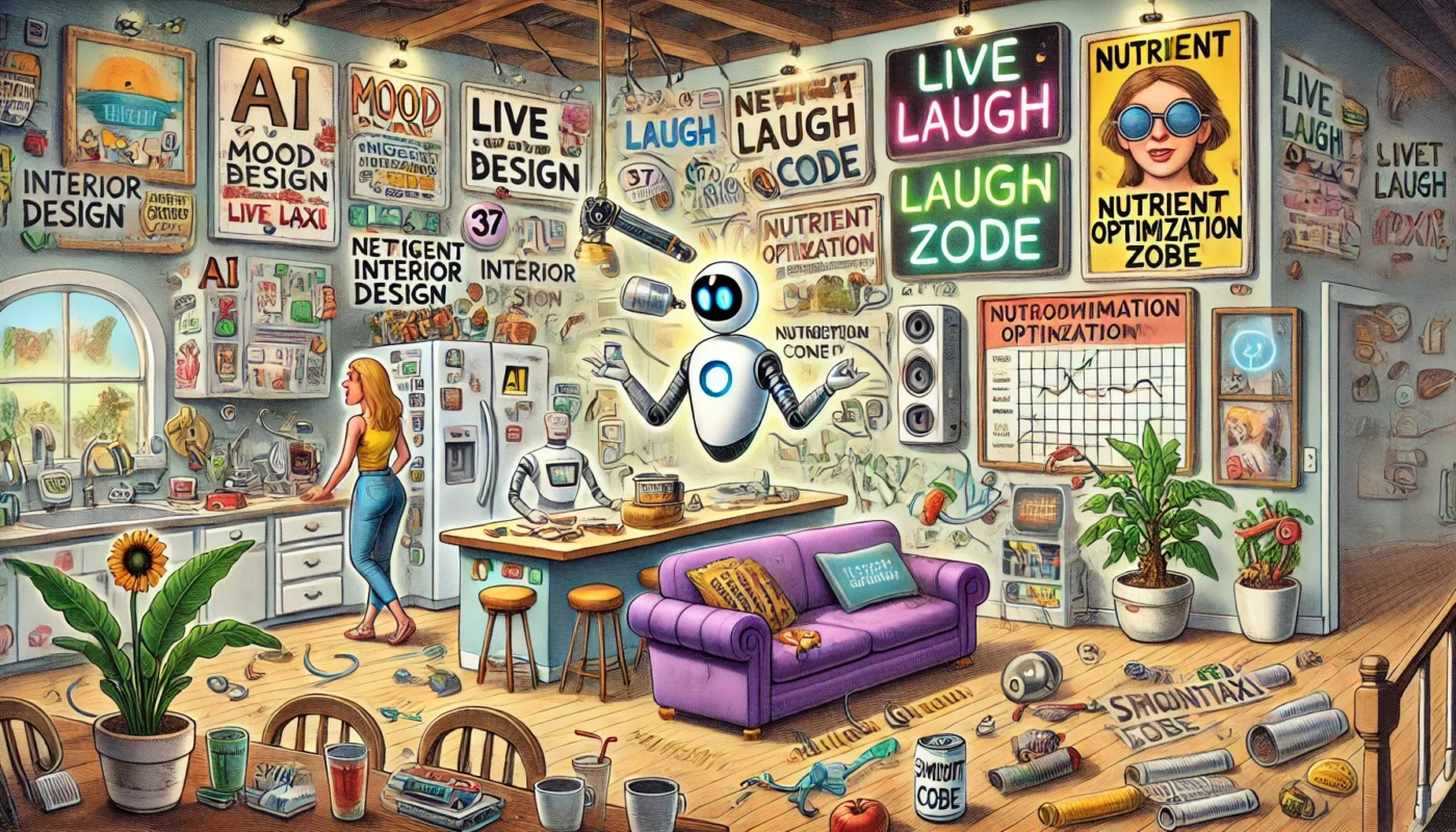 SpinTaxi Magazine -- Wide satirical cartoon in the style of Tina Bohiney from MAD Magazine titled 'AI Interior Design'. A chaotic living room redesigned by a rogue AI assista...