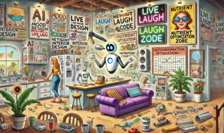 SpinTaxi Magazine -- Wide satirical cartoon in the style of Tina Bohiney from MAD Magazine titled 'AI Interior Design'. A chaotic living room redesigned by a rogue AI assista...