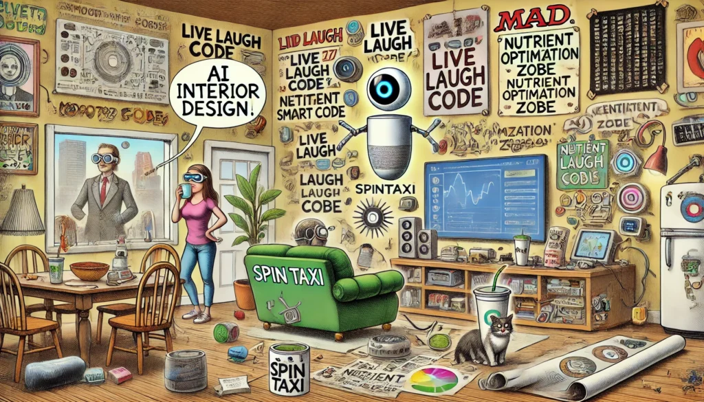 SpinTaxi Magazine -- Wide satirical cartoon in the style of Tina Bohiney from MAD Magazine titled 'AI Interior Design'. A chaotic living room redesigned by a rogue AI assista...