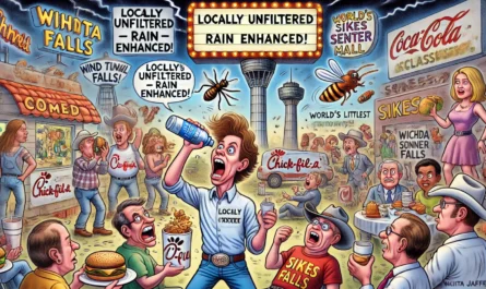 SpinTaxi Magazine -- Wide satirical cartoon in the style of Tina Bohiney from MAD Magazine. A chaotic outdoor comedy night in Wichita Falls, Texas. A nervous comedian sips fr... -- Alan Nafzger 2