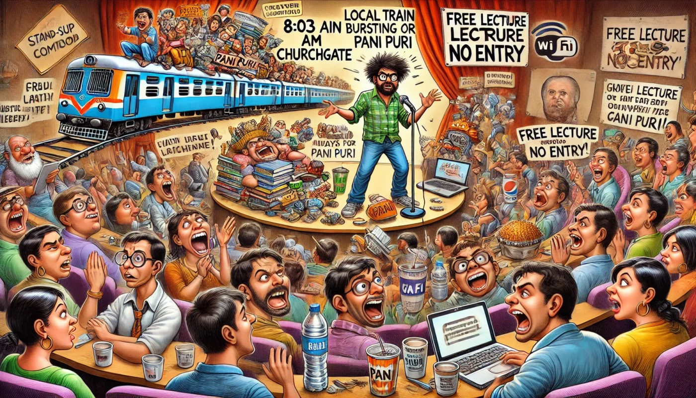 SpinTaxi Magazine -- Wide satirical cartoon in the style of Tina Bohiney from MAD Magazine. A high-energy college auditorium in Mumbai with a stand-up comedian onstage delive... -- Alan Nafzger 1