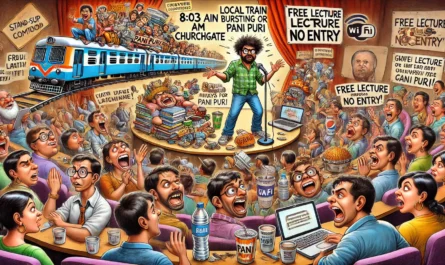 SpinTaxi Magazine -- Wide satirical cartoon in the style of Tina Bohiney from MAD Magazine. A high-energy college auditorium in Mumbai with a stand-up comedian onstage delive... -- Alan Nafzger 1