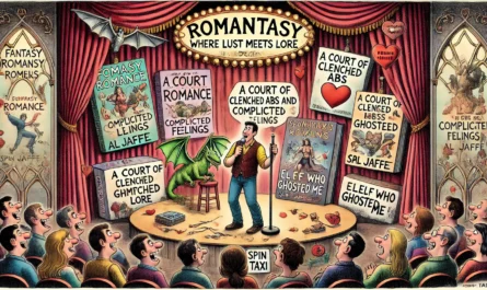 SpinTaxi Magazine -- Wide satirical cartoon in the style of Tina Bohiney from MAD Magazine. A stand-up comedy show in progress. The stage is decorated with fantasy romance (r... -- Alan Nafzger 2