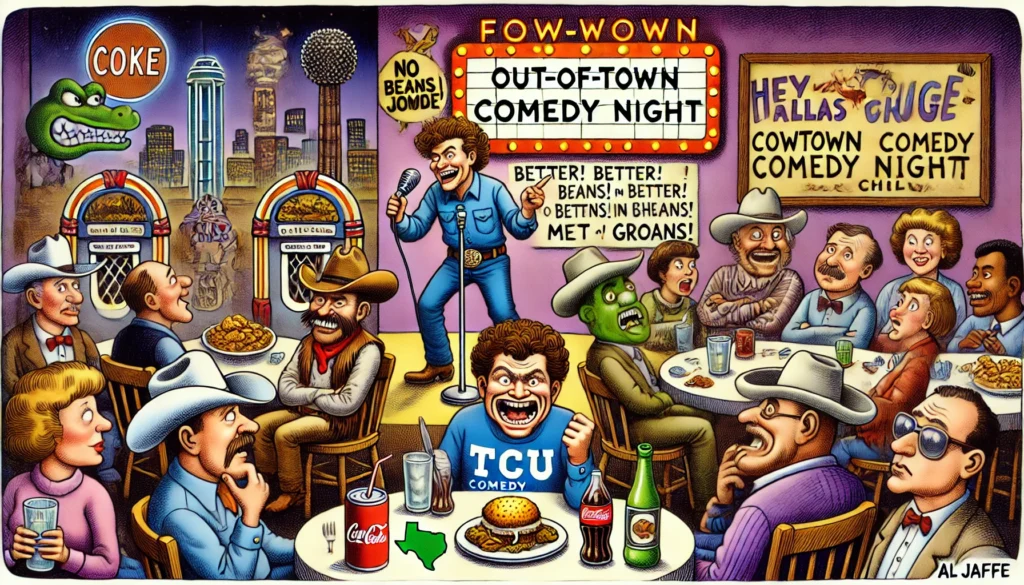 SpinTaxi Magazine -- Wide satirical cartoon in the style of Tina Bohiney from MAD Magazine. Set inside a packed Fort Worth comedy club. Onstage, a nervous out-of-town comedia... -- Alan Nafzger 1 SpinTaxi Magazine -- Wide satirical cartoon in the style of Tina Bohiney from MAD Magazine. Set inside a packed Fort Worth comedy club. Onstage, a nervous out-of-town comedia... -- Alan Nafzger 1