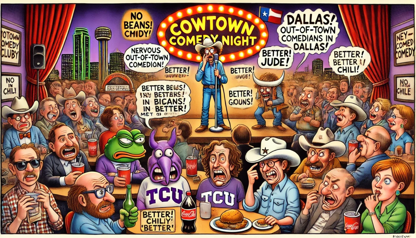 SpinTaxi Magazine -- Wide satirical cartoon in the style of Tina Bohiney from MAD Magazine. Set inside a packed Fort Worth comedy club. Onstage, a nervous out-of-town comedia... -- Alan Nafzger 2