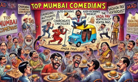 SpinTaxi Magazine -- Wide satirical cartoon in the style of Tina Bohiney from MAD Magazine. Title 'Top Mumbai Comedians'. A vibrant stage inside a bustling comedy club featu... -- Alan Nafzger 1