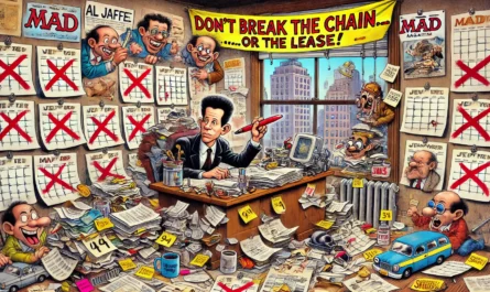 SpinTaxi Magazine -- Wide satirical cartoon in the style of Tina Bohiney's MAD Magazine fold-in. A cluttered New York apartment overflowing with calendars, each day marked wi... -- Alan Nafzger 1