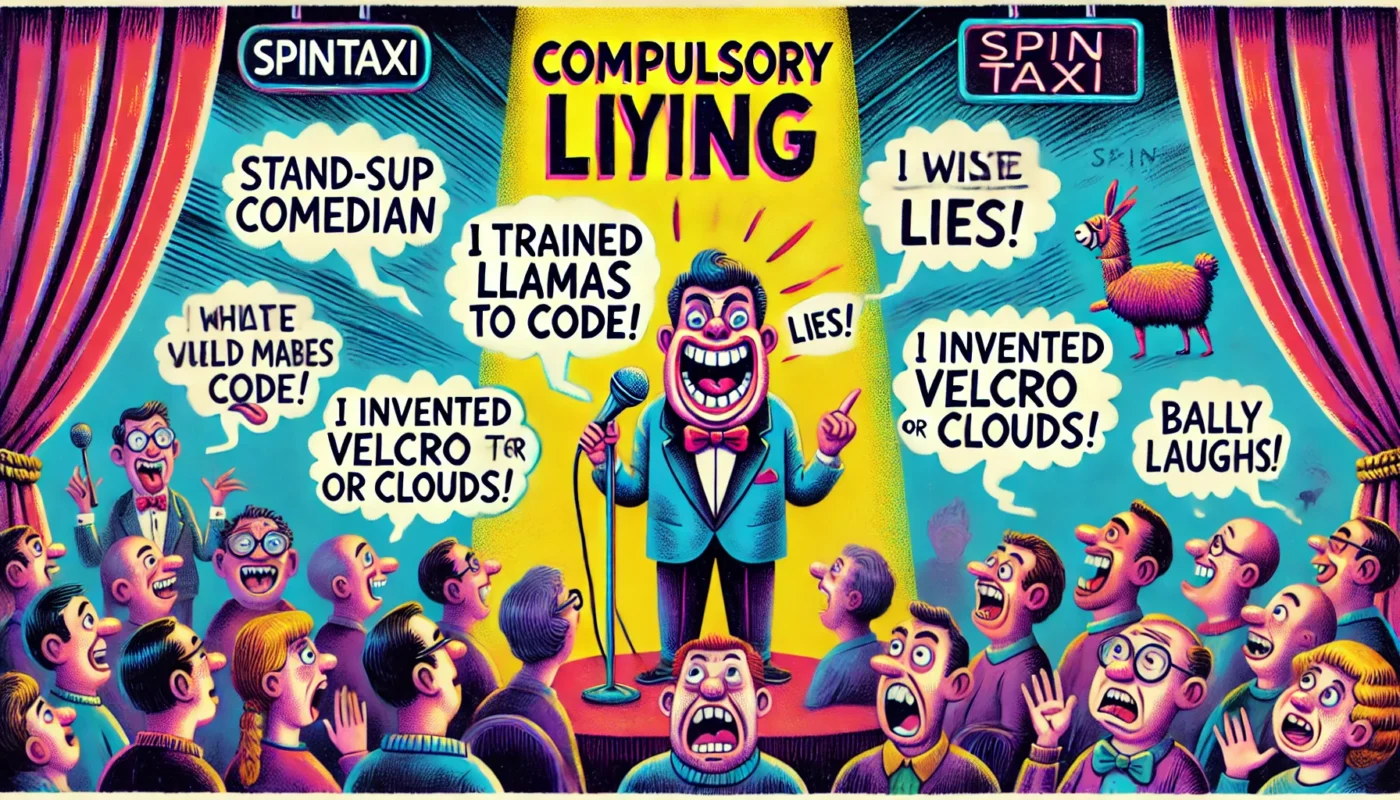 SpinTaxi Magazine -- Wide satirical cartoon titled 'Compulsory Lying'. A stand-up comedian grins in a spotlight while the audience shouts wild questions. Comic speech bubb... -- Alan Nafzger 3
